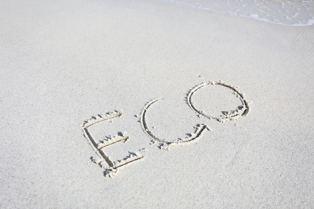 eco handwritten in sand on a beachの写真素材