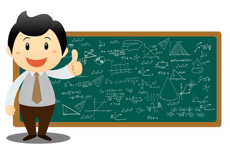 illustration of a man showing graph and math on a white backgroundのイラスト素材