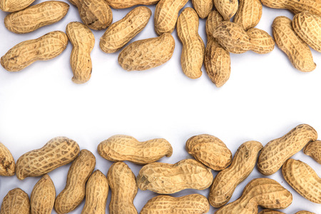 Dried peanuts in closeup on the white background
