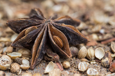 Spices lying on a wooden surface closeupの写真素材