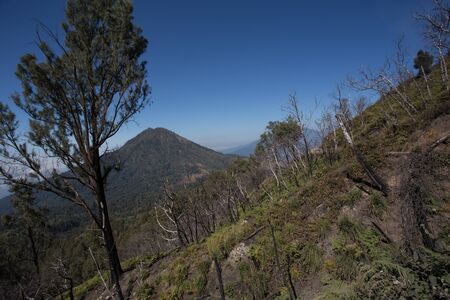 View from the tropical forest with path to the volcano Kawah Ijen, East Java, Indoneisaの写真素材