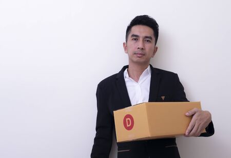 Shop assistant brings the parcel, isolated, white background