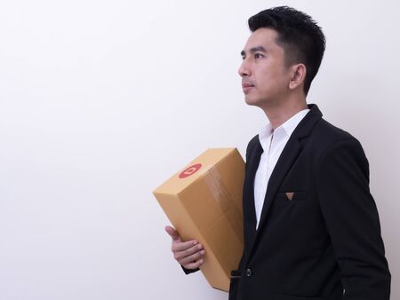 Shop assistant brings the parcel, isolated, white background
