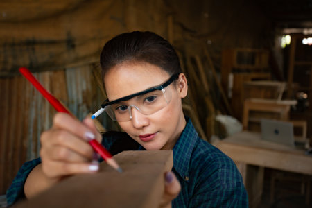 pretty hardworking carpenter woman at workplaceの写真素材