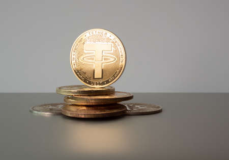 Ethereum ETH cryptocurrency physical coin placedの写真素材