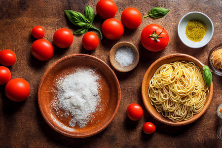 Pasta with tomato sauce shot from above on rustic wood tableの写真素材