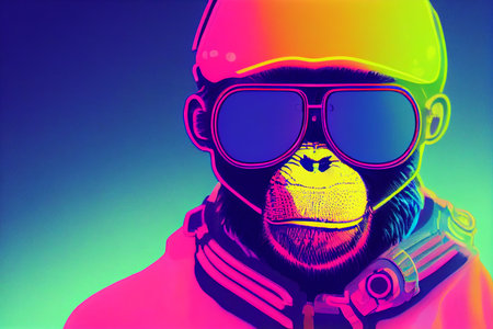 cyberpunk Chimpanzee with sunglasses, dressed in neon color clothes