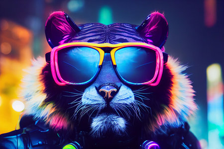 cyberpunk tiger with sunglasses, dressed in neon color clothesの写真素材
