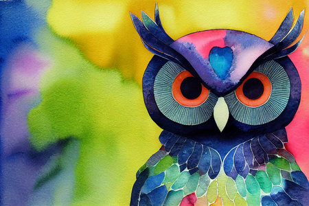 owl made out of ornamental rainbow colors playful watercolorの写真素材