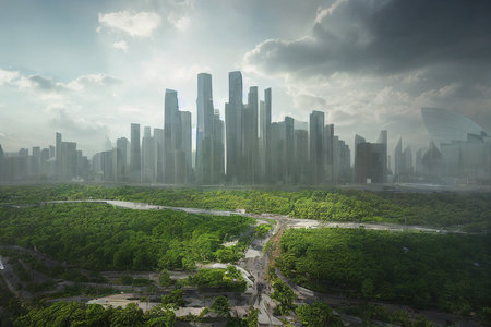 future smart cities, sustainable citys, sustainble highrises with lush plantingの素材
