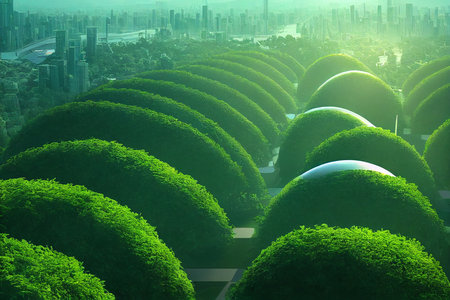 future smart cities, sustainable citys, sustainble highrises with lush plantingの素材