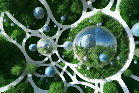 future smart cities, sustainable citys, sustainble highrises with lush plantingの素材