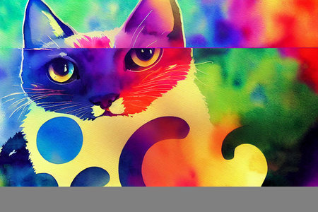 Cute colorful cat. Watercolor kids illustration with domestic animalの写真素材