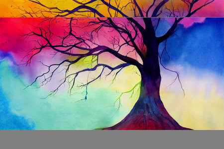 the tree of life in spring, watercolored paintingの写真素材