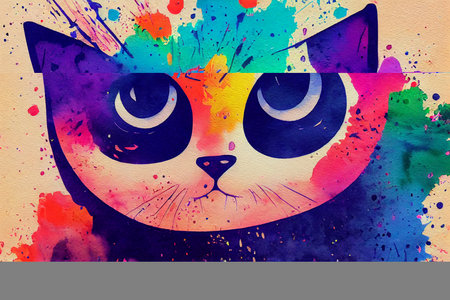 Cute colorful cat. Watercolor kids illustration with domestic animalの写真素材