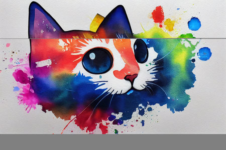 Cute colorful cat. Watercolor kids illustration with domestic animalの写真素材