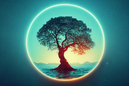 tree of life reminiscent of Yggdrasil reflected in an icy lake at night, dramatic starry sky in the background.Generative AIの素材