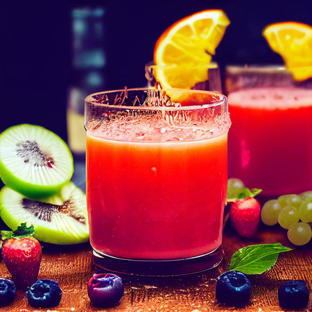 coctail fruits juice, colorful, splashing everywhere, with fruitsの写真素材