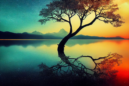 tree of life reminiscent of Yggdrasil reflected in an icy lake at night, dramatic starry sky in the background.Generative AIの素材