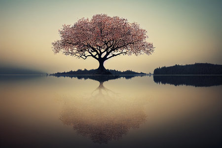 tree of life reminiscent of Yggdrasil reflected in an icy lake at night, dramatic starry sky in the background.Generative AIの素材