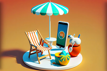 Deck chairs,lifebuoys,volleyball and umbrellas are placed in front of the smartphone.Generative AIの素材