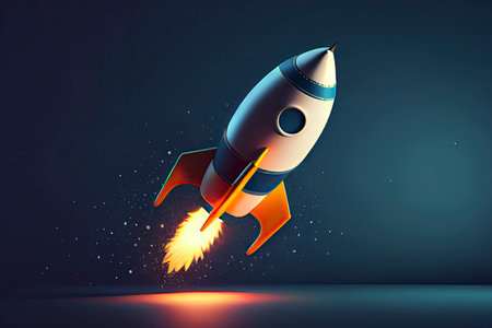 3d rendering flying rocket on dark blue background with copy space for text or message.Generative AIの素材