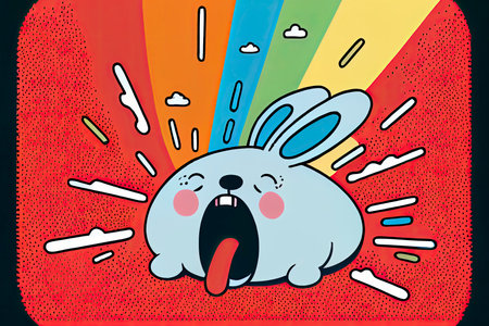 cartoon of a bored rabbit yawning with a rainbow coming out of it's mouth.Generative AIの素材