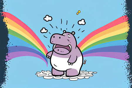 cartoon of a bored hippo yawning with a rainbow coming out of it's mouth.Generative AIの素材