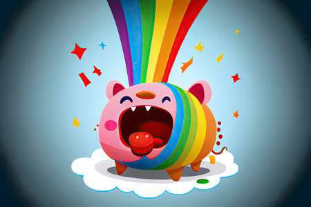 cartoon of a bored pig yawning with a rainbow coming out of it's mouth.Generative AIの素材