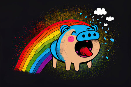 cartoon of a bored pig yawning with a rainbow coming out of it's mouth.Generative AIの素材