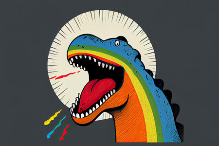 cartoon of a bored dinosaur yawning with a rainbow coming out of it's mouth.Generative AIの素材