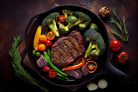 American food concept. Grilled beef steak with grilled vegetables.Generative AIの素材