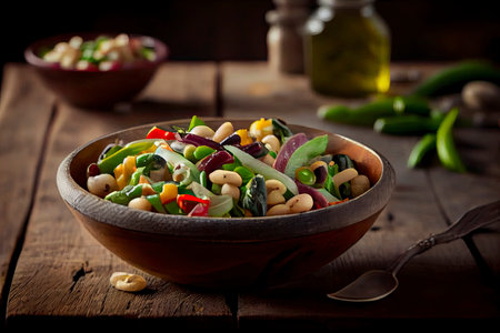 Healthy eating and vegan food: close up view of a bowl of fresh healthy bean salad .Generative AIの素材