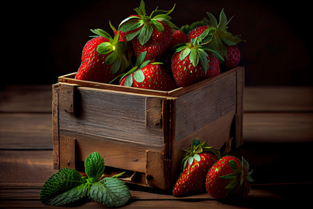 fruit. Fresh strawberries on old wooden background.Generative AIの素材