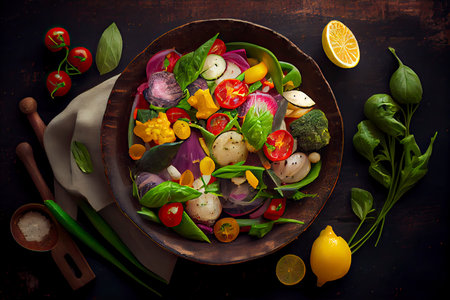 Salad with fresh summer vegetables, top view.Generative AIの素材