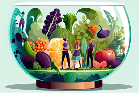 Young People Characters Put Huge Vegetables, Berries and Fruits into Glass Bowl. Healthy Vegan Food Choice, Vitamins in Products, Organic Greenery.Generative AIの素材