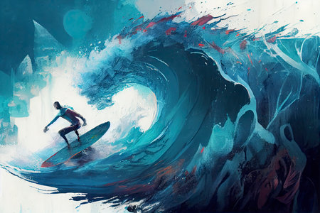 Surfer on the crest of a wave. Layers of turquoise and blue paints.Generative AIの写真素材