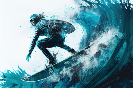 Surfer on the crest of a wave. Layers of turquoise and blue paints.Generative AI
