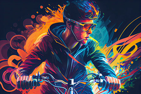 young man riding a bicycle with a colorful energy, digital art style.Generative AIの写真素材
