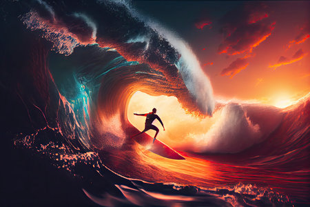 Surfer rides the ocean wave during sunset. Extreme sport and active lifestyle concept.Generative AI