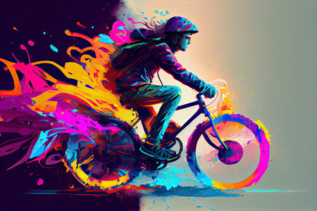 young man riding a bicycle with a colorful energy, digital art style.Generative AIの写真素材