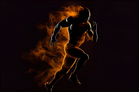 Silhouette of American football player, player in action on fire. Isolated on black background.Generative AIの素材