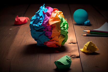 great idea concept with crumpled colorful paper and light bulb on wooden table.Generative AIの写真素材