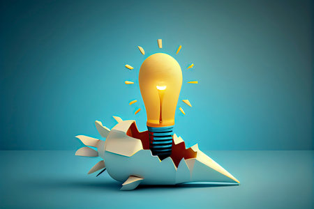 Ideas inspiration concepts with rocket lightbulb on blue background.Generative AIの素材