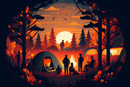Family enjoying vacation camping at countryside in Autumn,Group of People sitting near the tent.Generative AIの素材