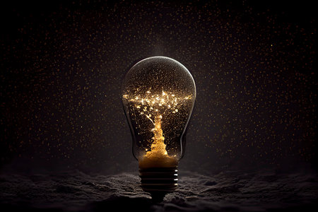 Sparkling light bulb on black background with ample copy space.Generative AIの素材