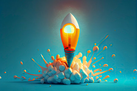 Ideas inspiration concepts with rocket lightbulb on blue background.Generative AIの素材