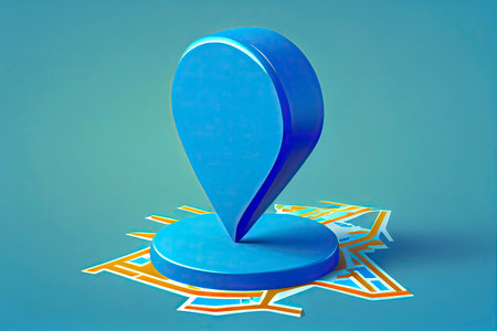 Locator mark of map and location pin or navigation icon sign on blue background with search concept. 3D rendering.Generative AIの写真素材
