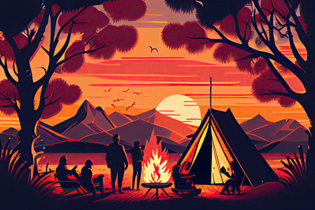 Family enjoying vacation camping at countryside in Autumn,Group of People sitting near the tent.Generative AIの素材
