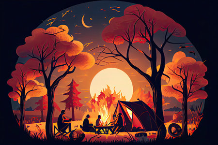 Family enjoying vacation camping at countryside in Autumn,Group of People sitting near the tent.Generative AIの素材